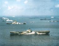 Asisbiz USS Wasp, USS Yorktown, USS Hornet II, USS Hancock, USS Ticonderoga, and USS Lexington, anchored at Ulithi 1945 02