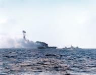 Asisbiz USS Lexington (CV-2) explosion amidships after being hit by torpedoes and bombs Battle of the Coral Sea 8th May 1942 80 G 16669