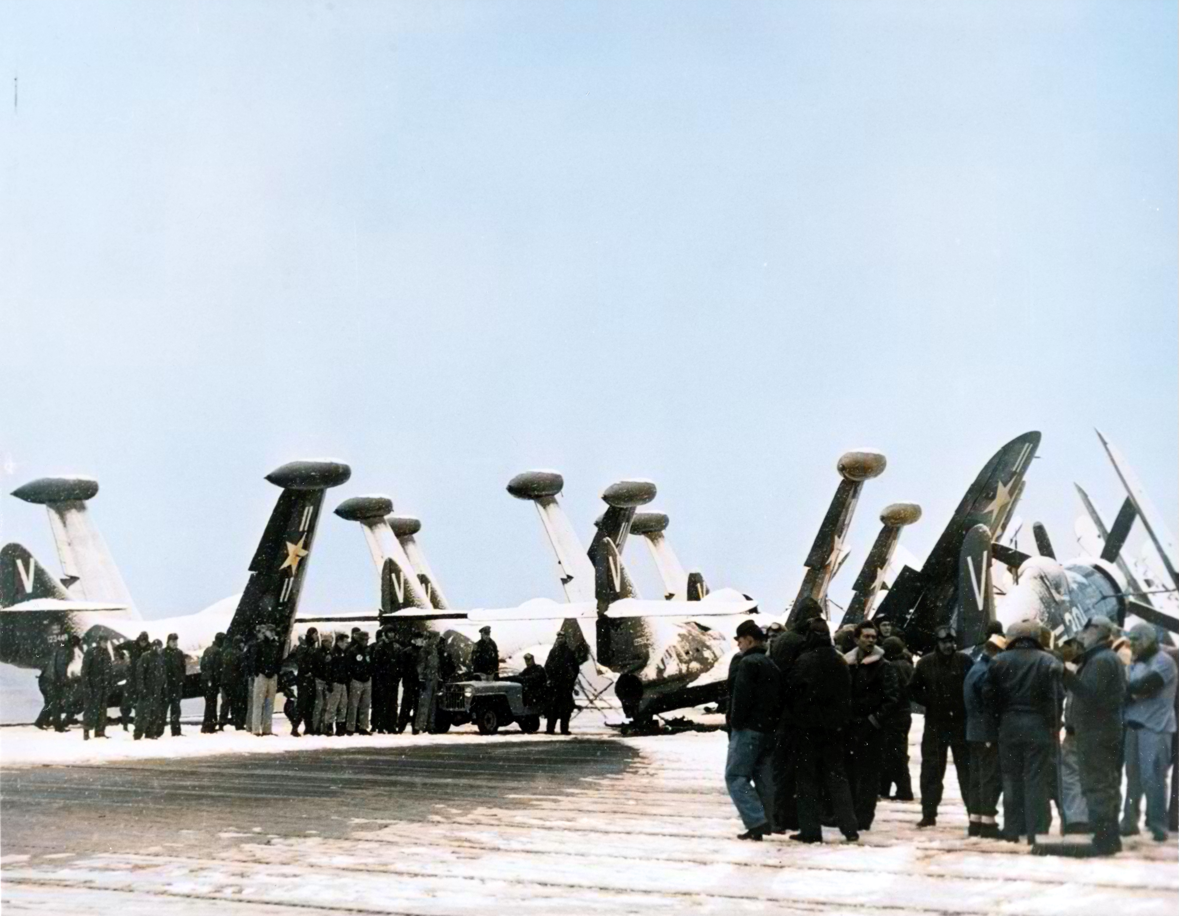Grumman F9F 2 Panther VF 112 BulNo 123448 with F4U 4B Corsair VF 113 V301 off Korea 17th Nove 1950 80 G 439878