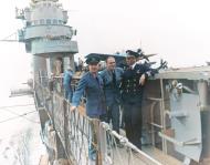 Asisbiz USS Ranger (CV 4) with Comdr John M Hoskins and others in the catwalk in foreground Grumman F4F 3 Wildcat VF 5 27th Aug 1941