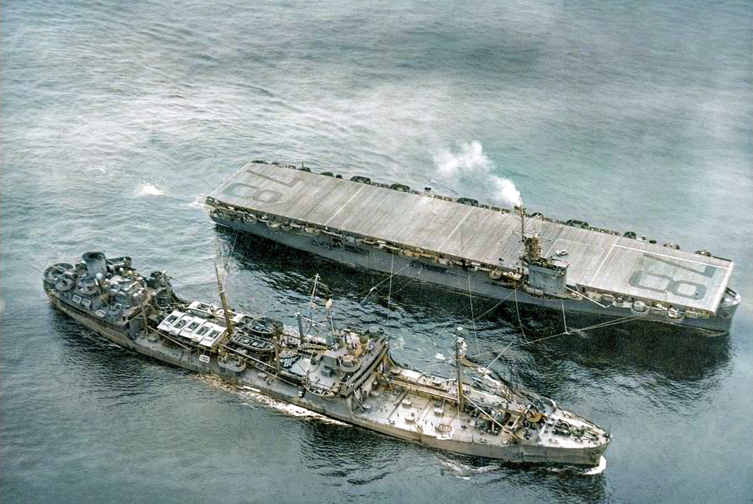 Asisbiz USS Savo Island (CVE-78) refueling from USS Tappahannock (AO 43) with TF50.8 off Okinawa 15th April 1945