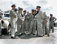 Asisbiz Admiral Chester W Nimitz on the dock at Pearl harbor waits for survivors of USS Yorktown (CV 5) to arrive 8th June 1942 80 G 312025